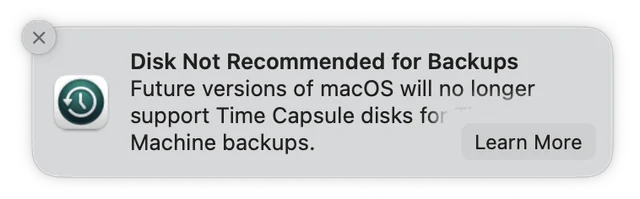 macOS Tahoe "Disk Not Recommended for Backups" warning for Time Capsule disks